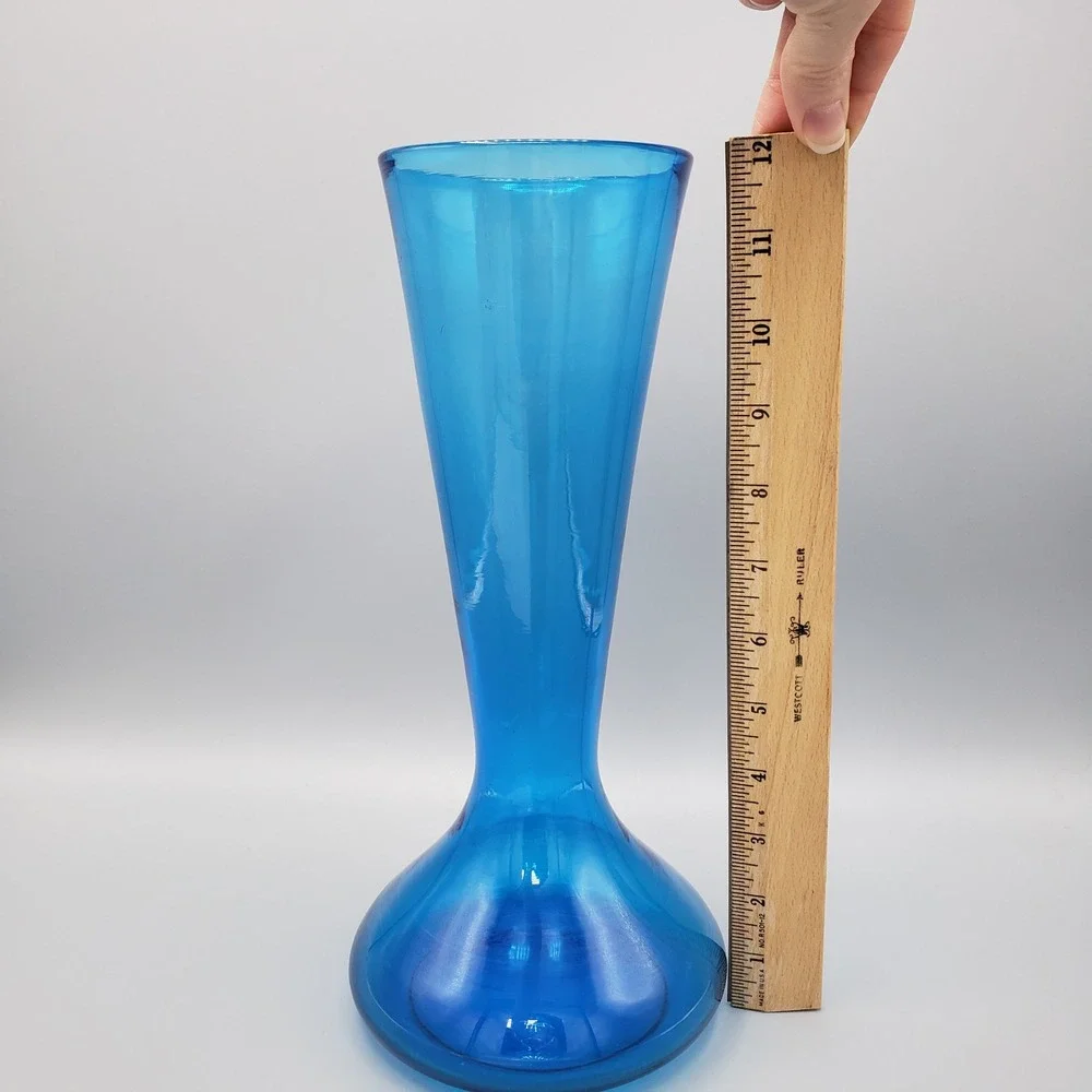 VTG Mid Century Modern Blue Glass‎ Hourglass Vase 12